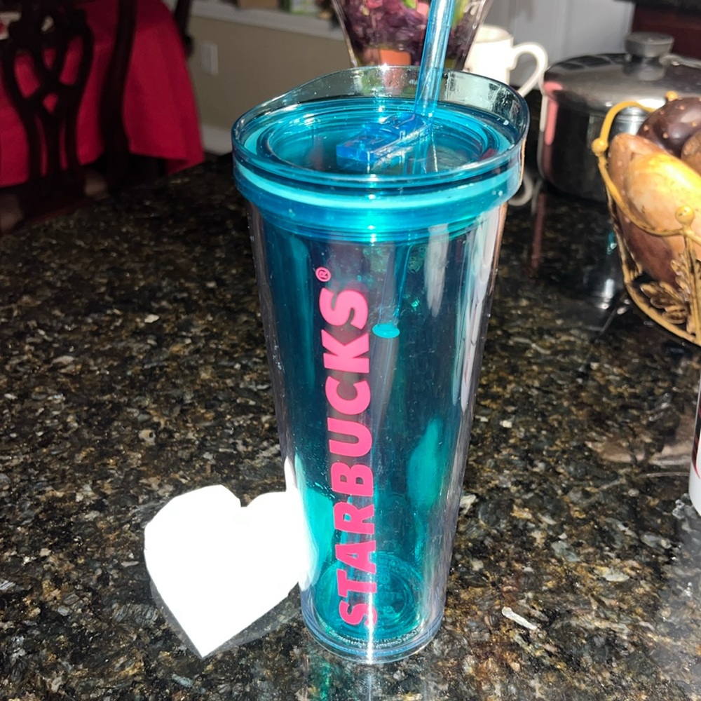 2014 Starbucks Venti Neon Teal Pink Clear Tumbler 24 oz w Lid & Straw